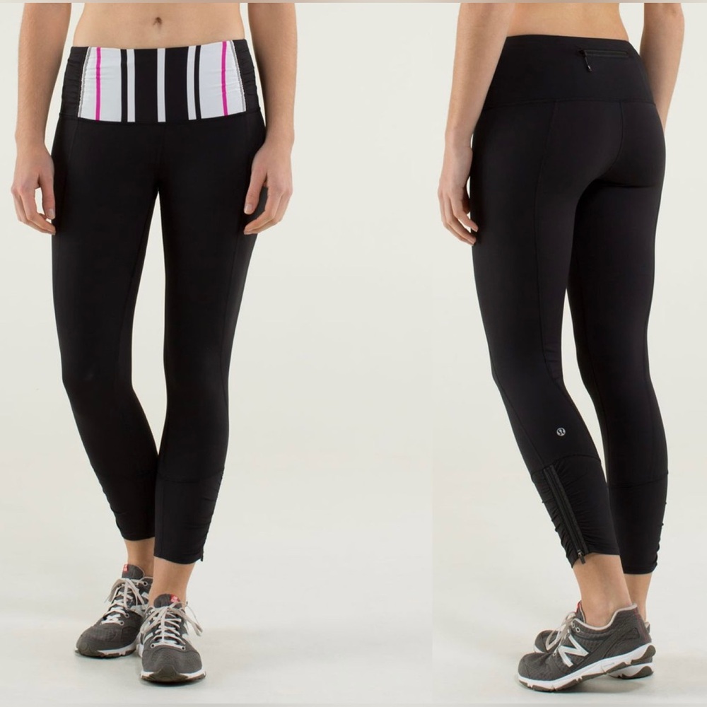 Lululemon Run Day Crop Leggings Black/Traverse Stripe Paris Perfection Sz 4 Zip
